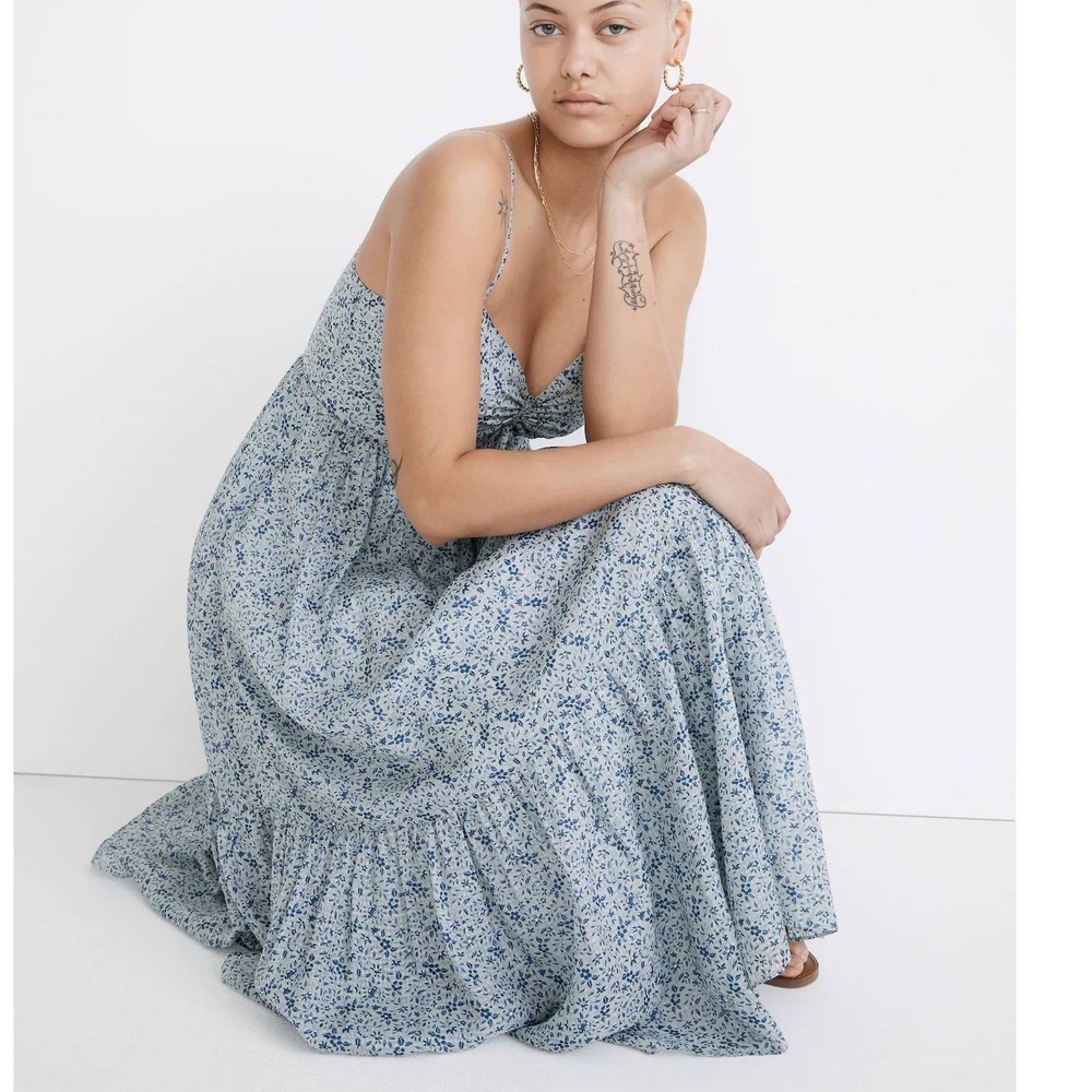 Madewell Silk Ruched Keyhole Tiered Midi Dress Blue Florentine Floral 16 Coastal